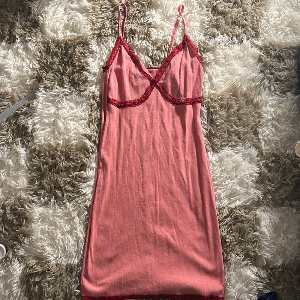 Elegant Pink Lace Trim Slip Dress